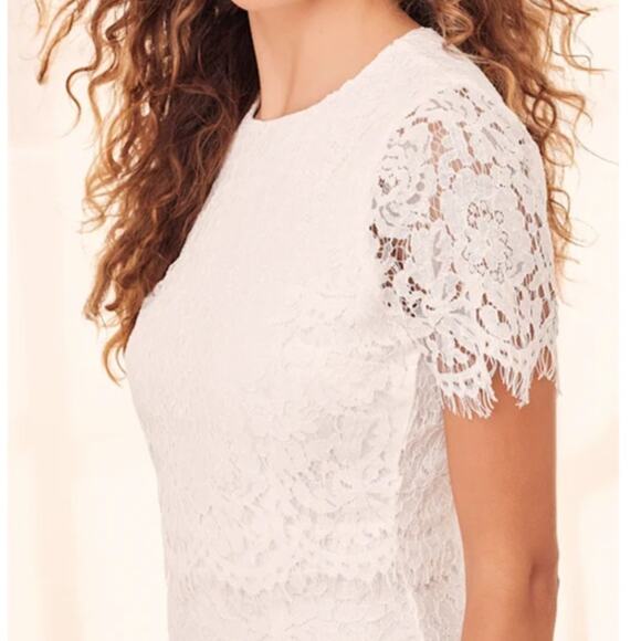 Lulus NWOT Devotion Off-White Eyelash Lace Sheer Cap Sleeve Midi Dress Medium - Picture 4 of 12